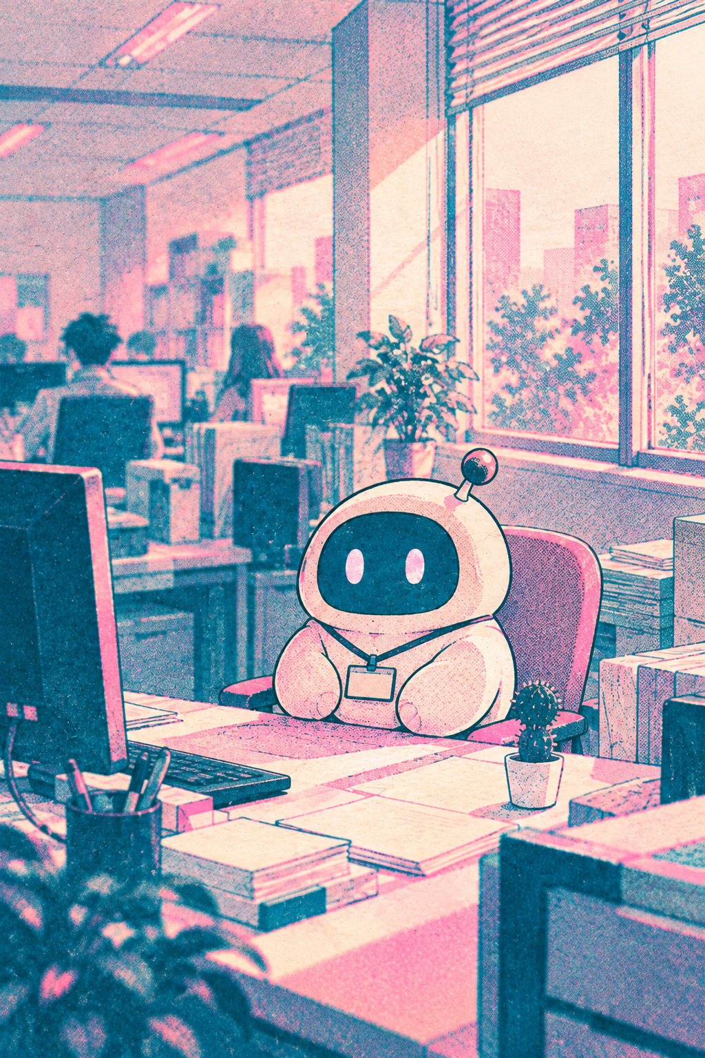 朝の事務所の窓際。日の差す机に、小さな丸いロボットの姿の AI エージェントがちょこんと座っている。机の上に小さなサボテン。奥の席の人たちは誰もこちらを見ていない。