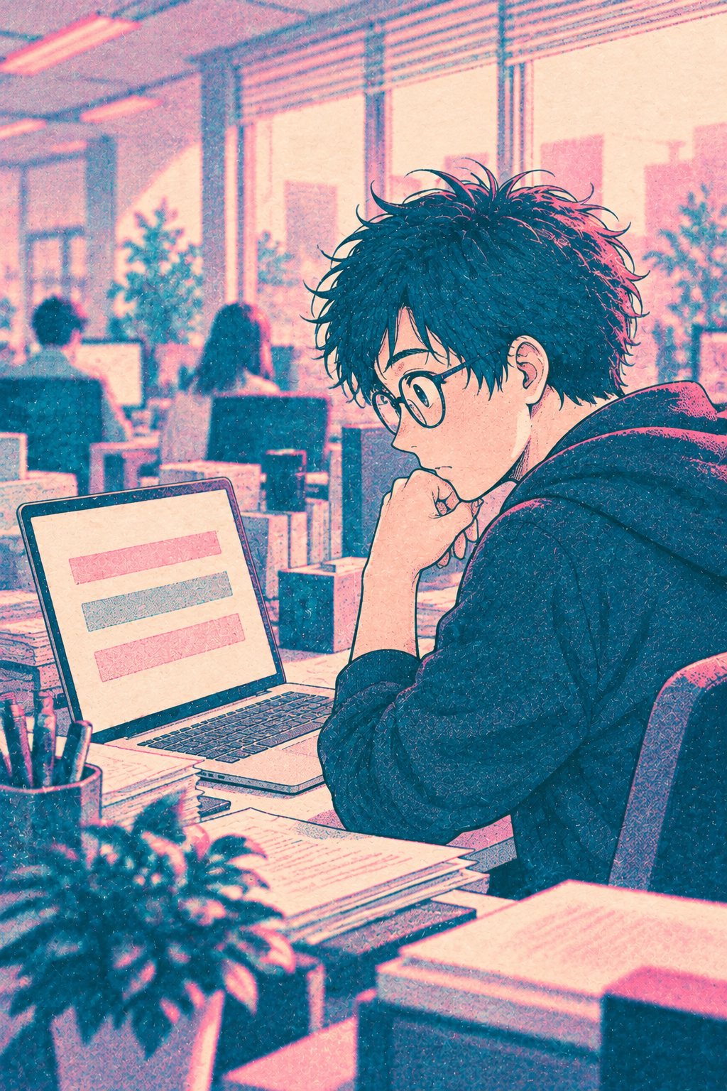 自分の机で、あごに手を当ててノートパソコンの画面を見つめる僕。画面には、横に3本の棒が並ぶだけ。