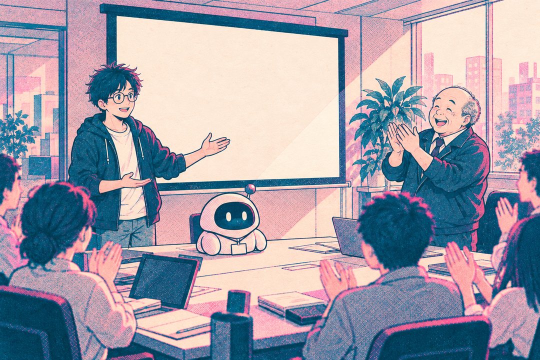 会議室でのデモ。大きな画面の横で胸を張る僕と、机の上の小さなロボットの AI。社員たちが拍手し、社長が立ち上がって手をたたき、大笑いしている。
