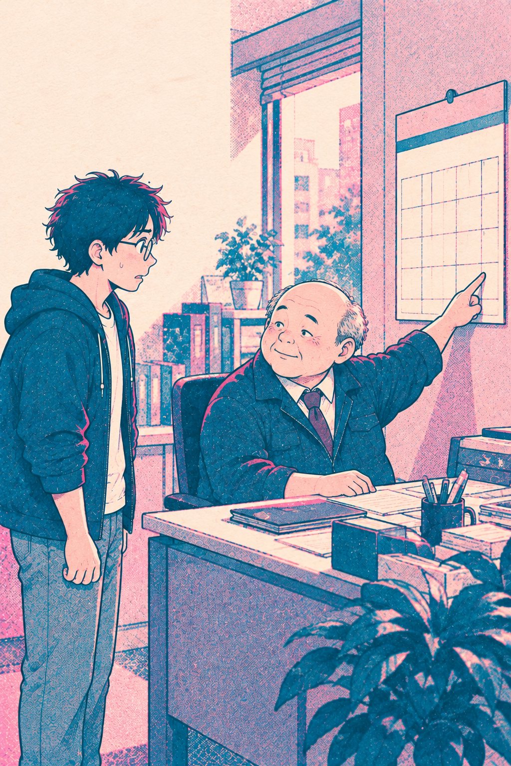 社長の机。座ったままにこやかに笑う社長が、予定の書いていない壁のカレンダーを指さす。机の前に立つ僕は、汗をかいている。