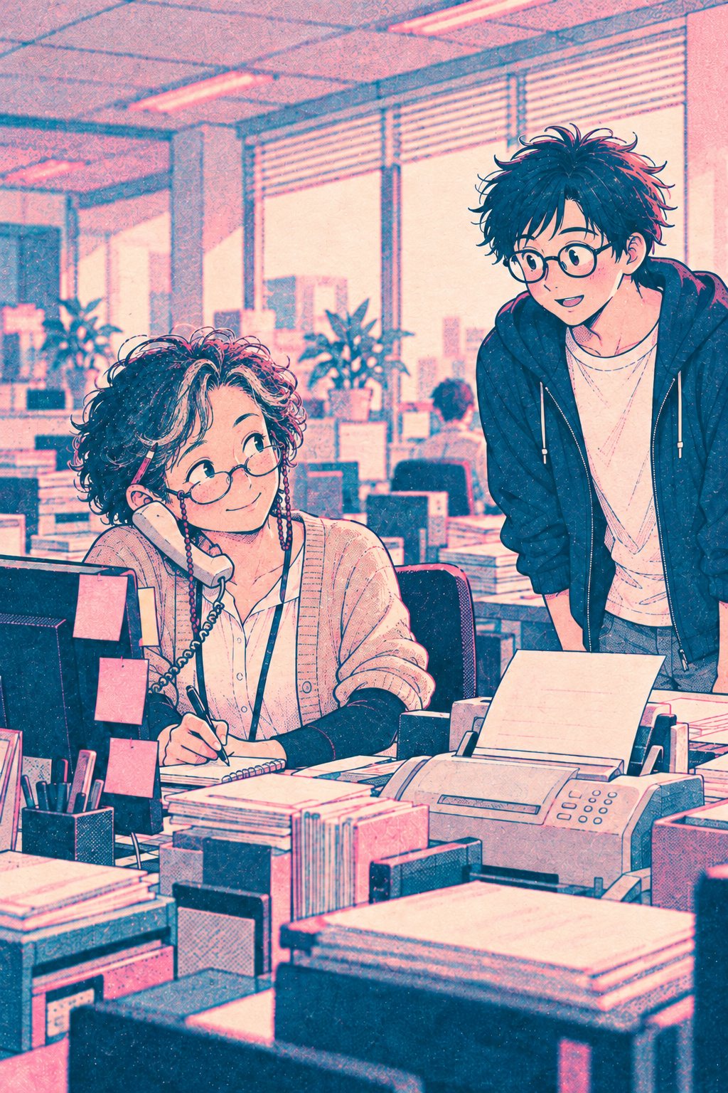 受注の島。受話器を肩にはさんでメモを取る年配の女性の係。横の FAX から紙が出てくる。画面の縁には付箋がびっしり。右から、声をかけに来た僕。