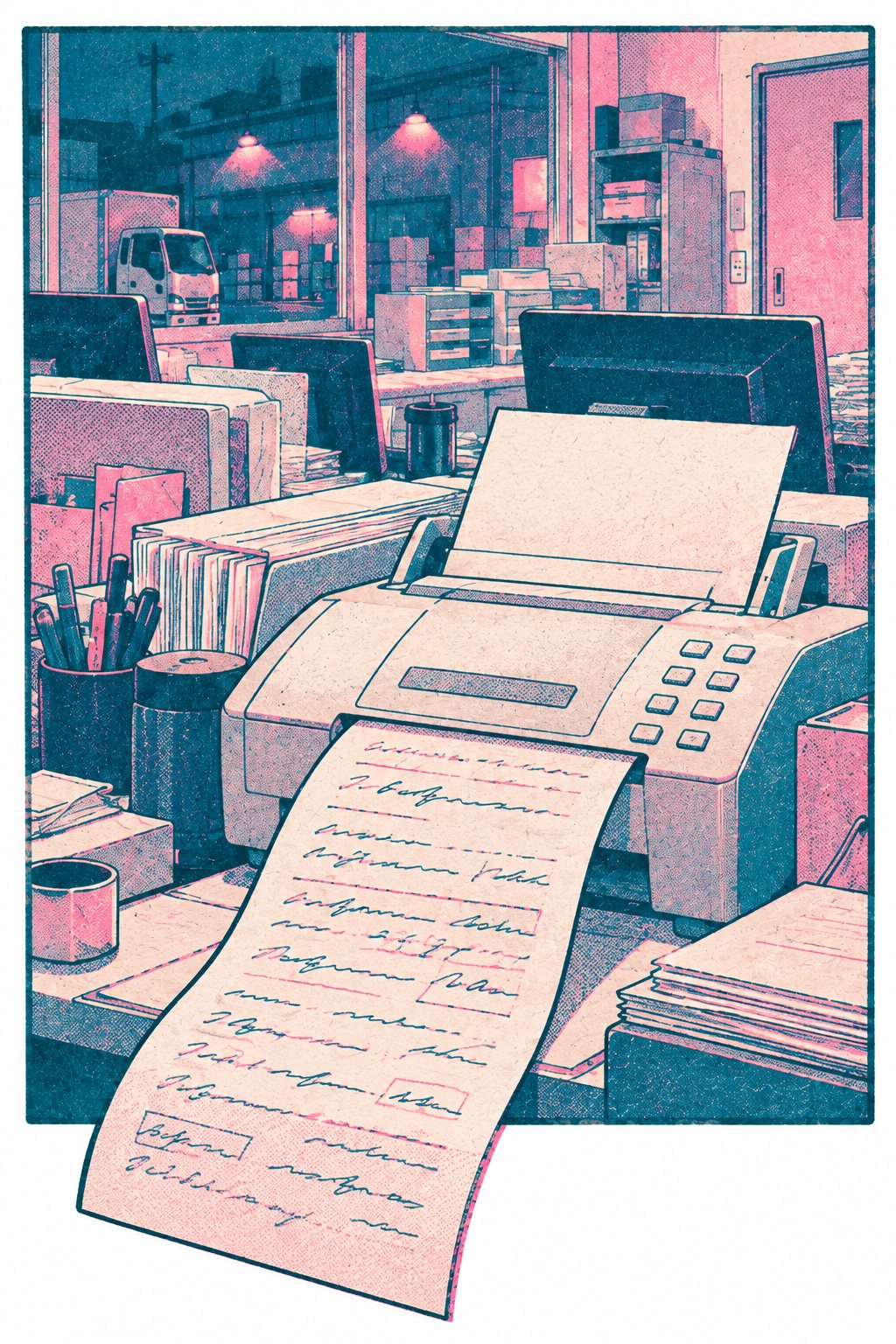 FAX の寄り。手書きの注文の紙が、絵の枠の下の線を越えて手前へ垂れ下がる。