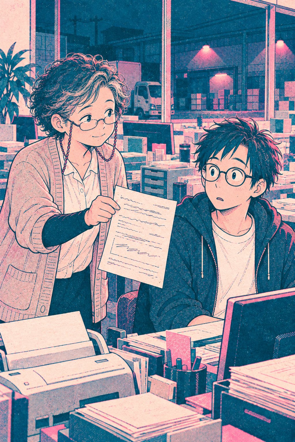 FAX の紙をひらひらさせて、当たり前の顔で僕に見せる三好さん。右で、ぽかんとする僕。