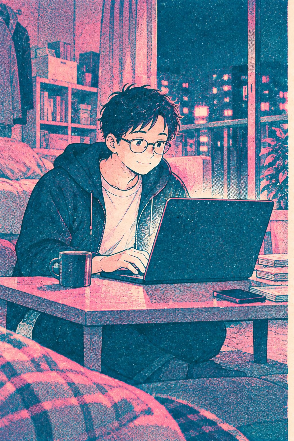 夜の部屋。ノートパソコンで、きちんと整った注文のメールを打つ僕。少し得意げな顔。
