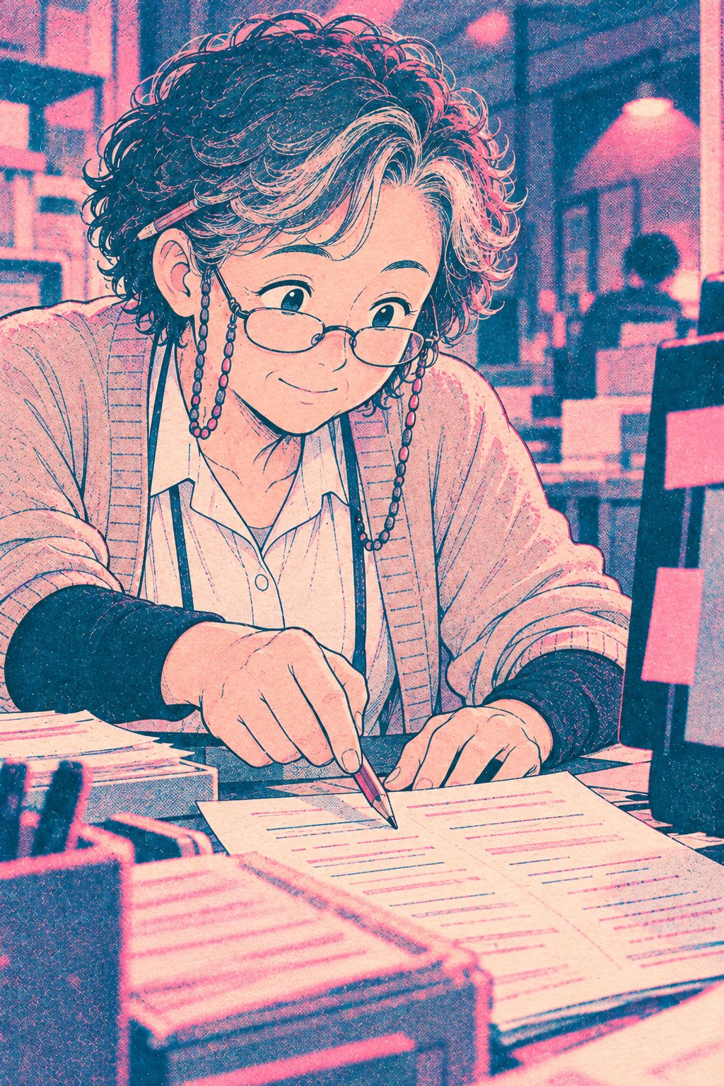 印刷した注文の一覧を、鉛筆の先で指す三好さんの寄り。落ち着いた顔。