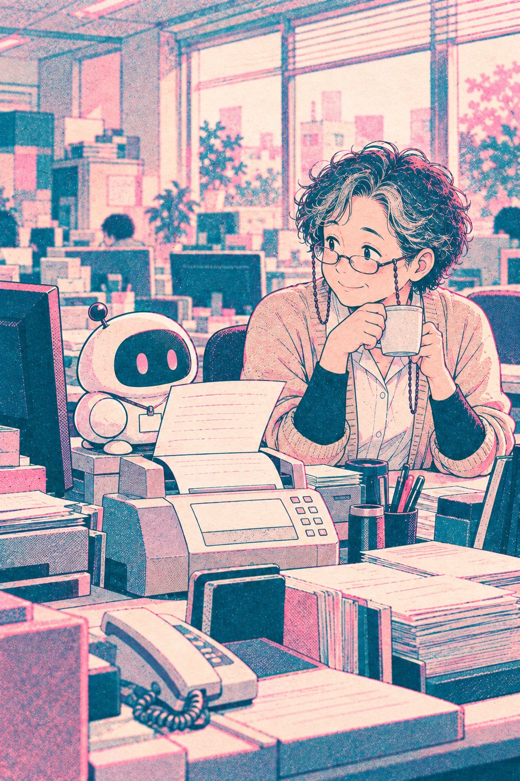 朝の受注の島。左の、画面の横に座ったロボットの AI が、届いた FAX の紙を見ている。右で三好さんが両手でカップを持ち、横目で見ている。