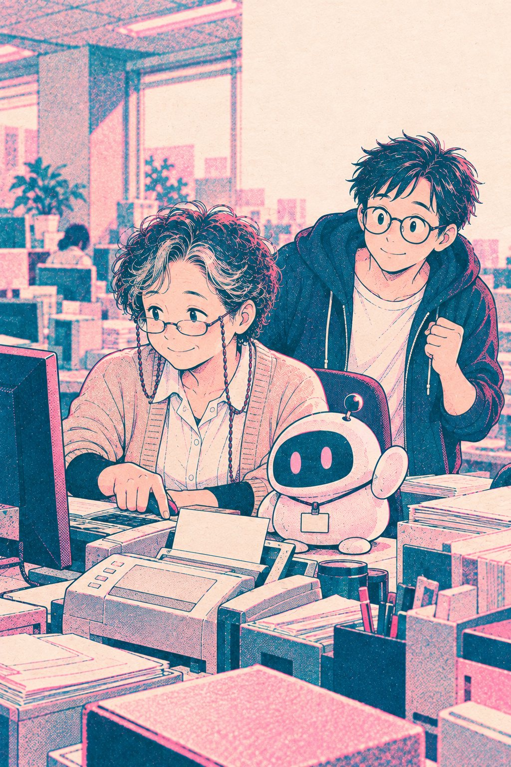 確定のキーを人さし指で押す三好さん。口元が少しゆるむ。横で短い腕を上げるロボットの AI と、右の奥で小さくこぶしを握る僕。