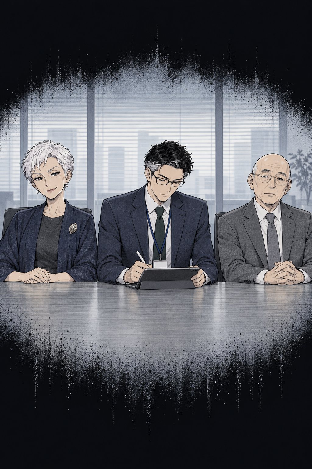 回想。最終面接の部屋。机の向こうに面接官が三人。真ん中の眼鏡の男は、手元の板に何かを書き、顔を上げない。