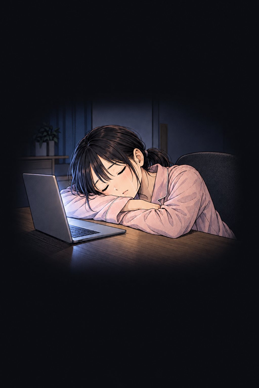 机に突っ伏して眠る女子学生。頬に涙のあと。パソコンの光だけが残る。