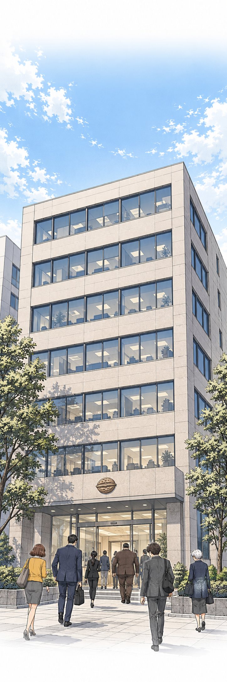 朝のオフィス街。くるみの形の飾りを掲げた中くらいのビルに、社員たちが入っていく。