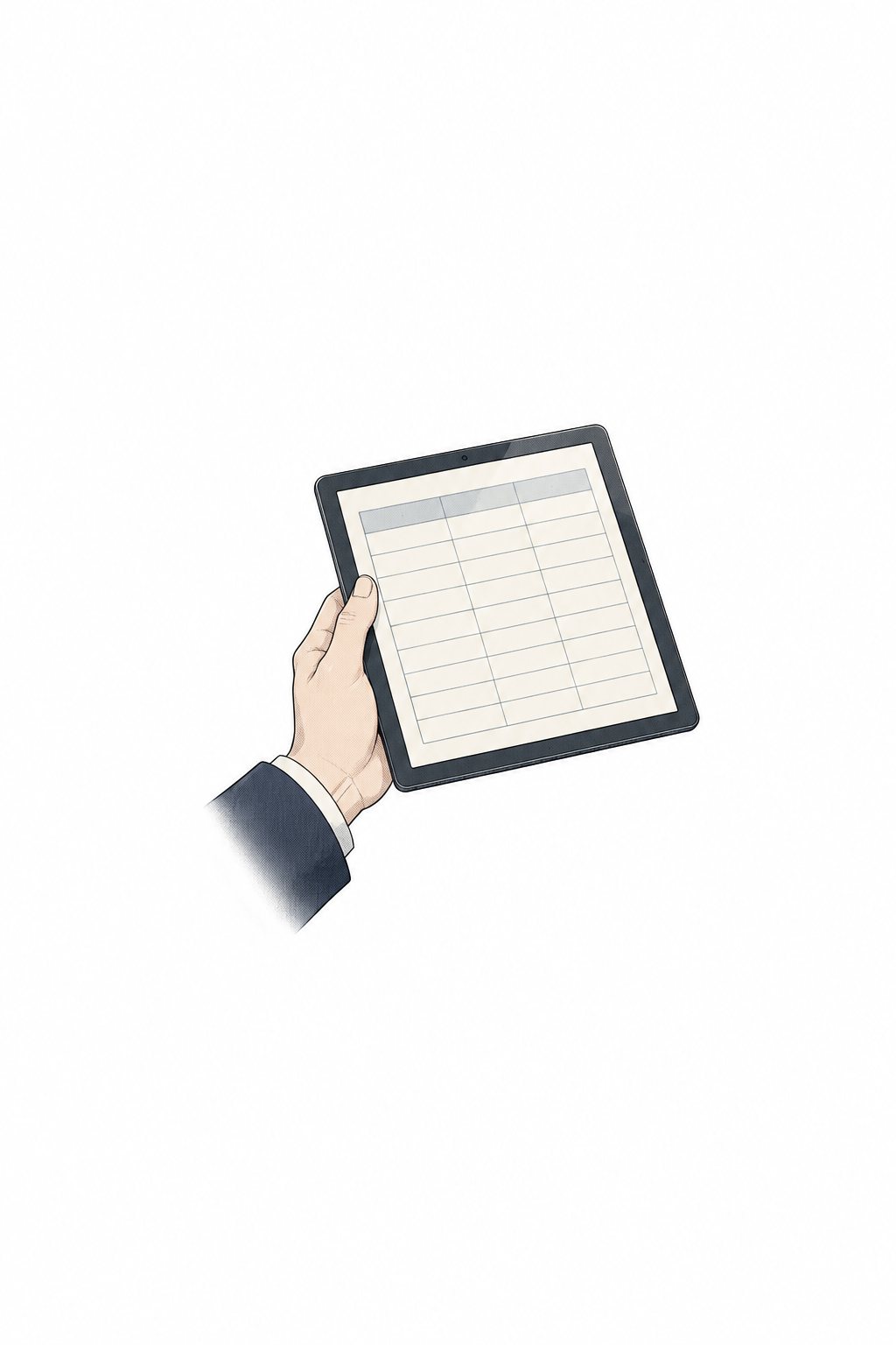 男の大きな手が、板の端末を持っている。画面には表のような枠が並ぶ(文字は読めない)。