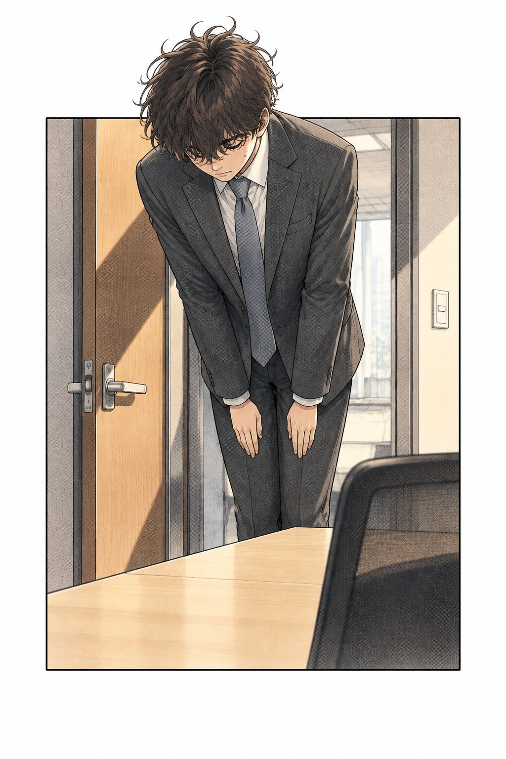 ドアを開けて入ってくる、ひょろりと背の高いくせ毛の男子学生。緊張で体がこわばり、深く頭を下げる。