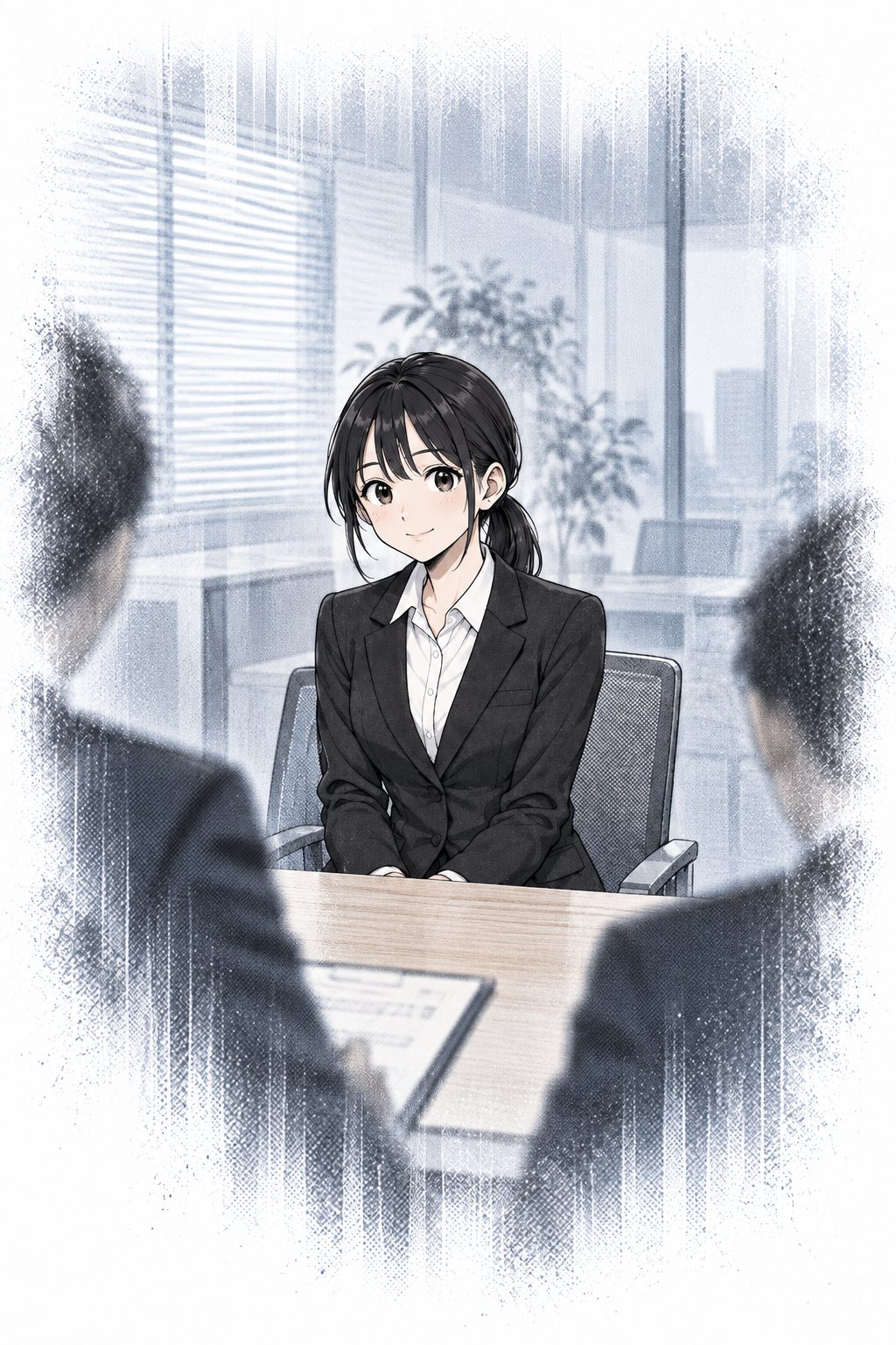 回想。いくつもの会社の面接の部屋で、リクルートスーツのことはが同じ笑顔で話している。面接官の顔はどれもぼやけている。