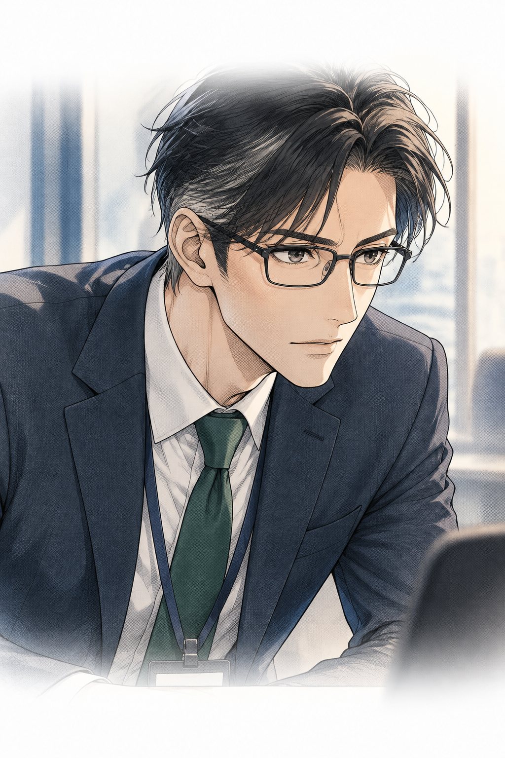 眼鏡の男の顔の大写し。中身のことはの決意が、まっすぐな目に出ている。
