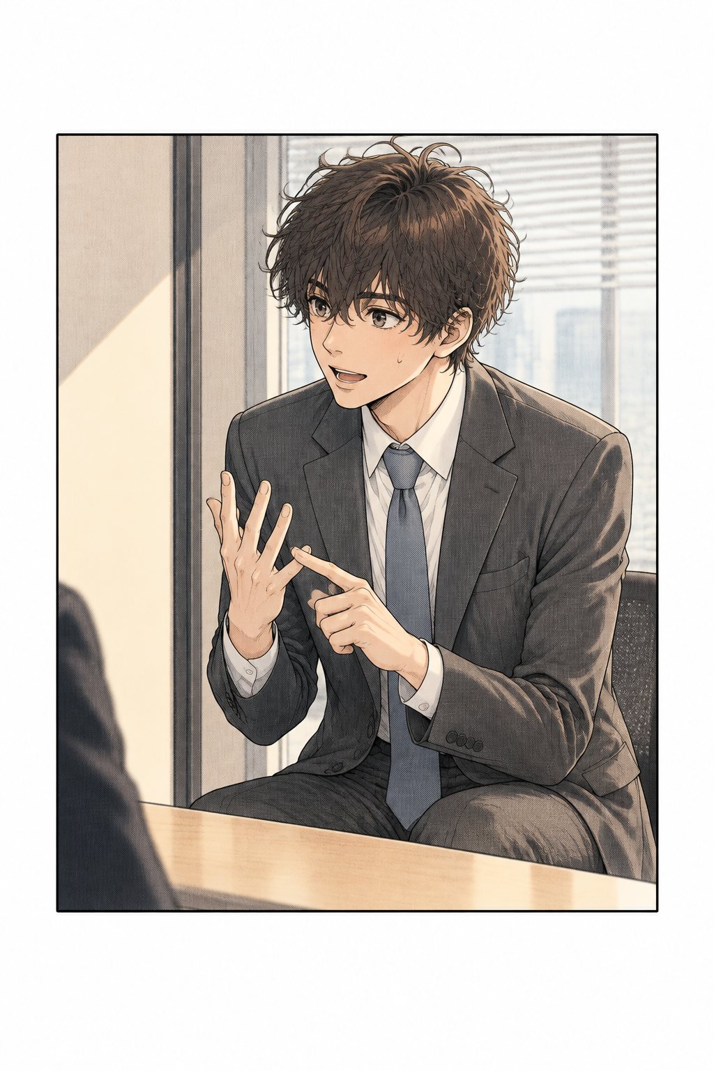 樹が一瞬かたまり、それから両手で数を数えるような身ぶりで話しはじめる。
