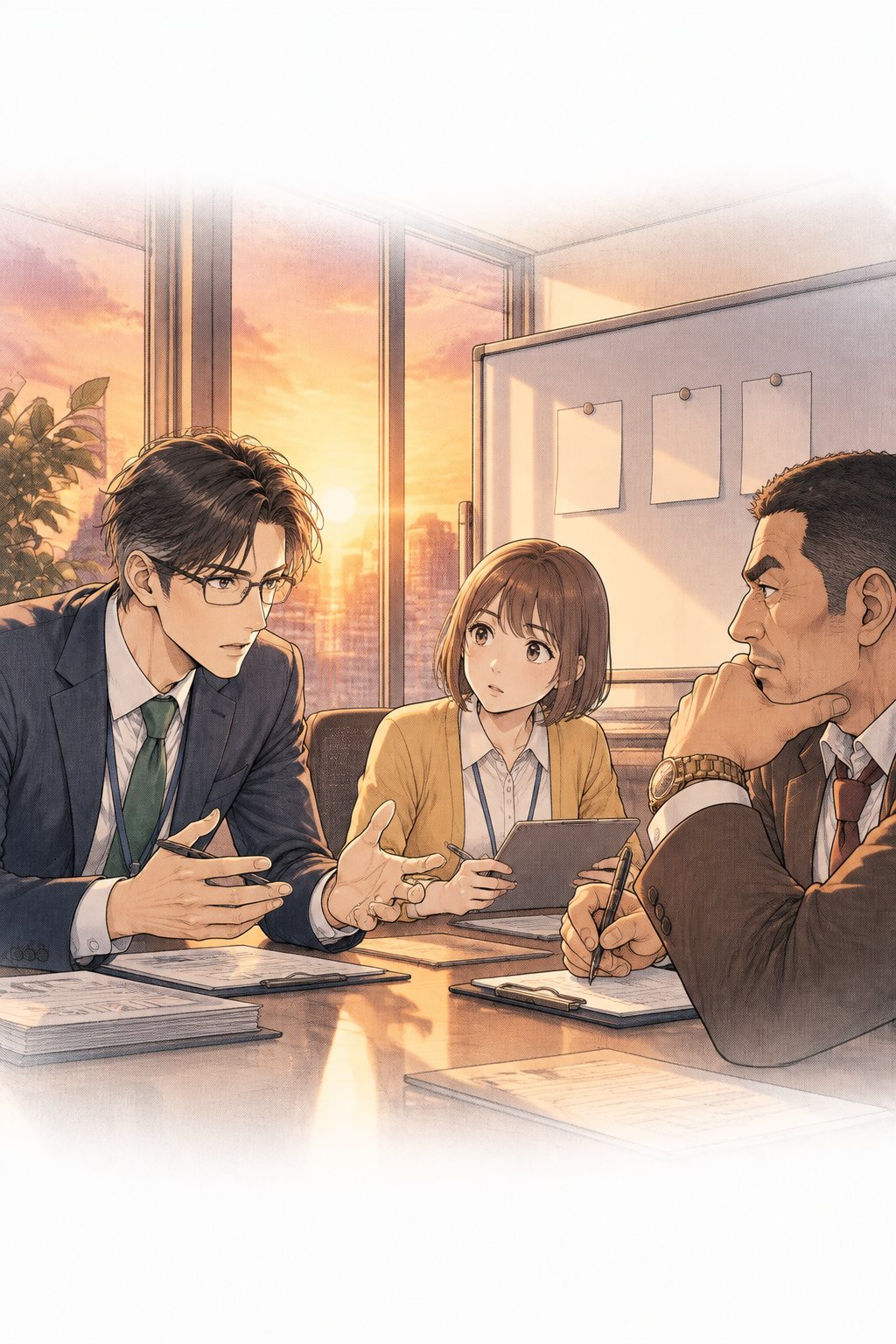 夕方の会議室。ホワイトボードに名前の札が三枚。岩城、柚木、眼鏡の男が机を囲む。窓の外は夕焼け。