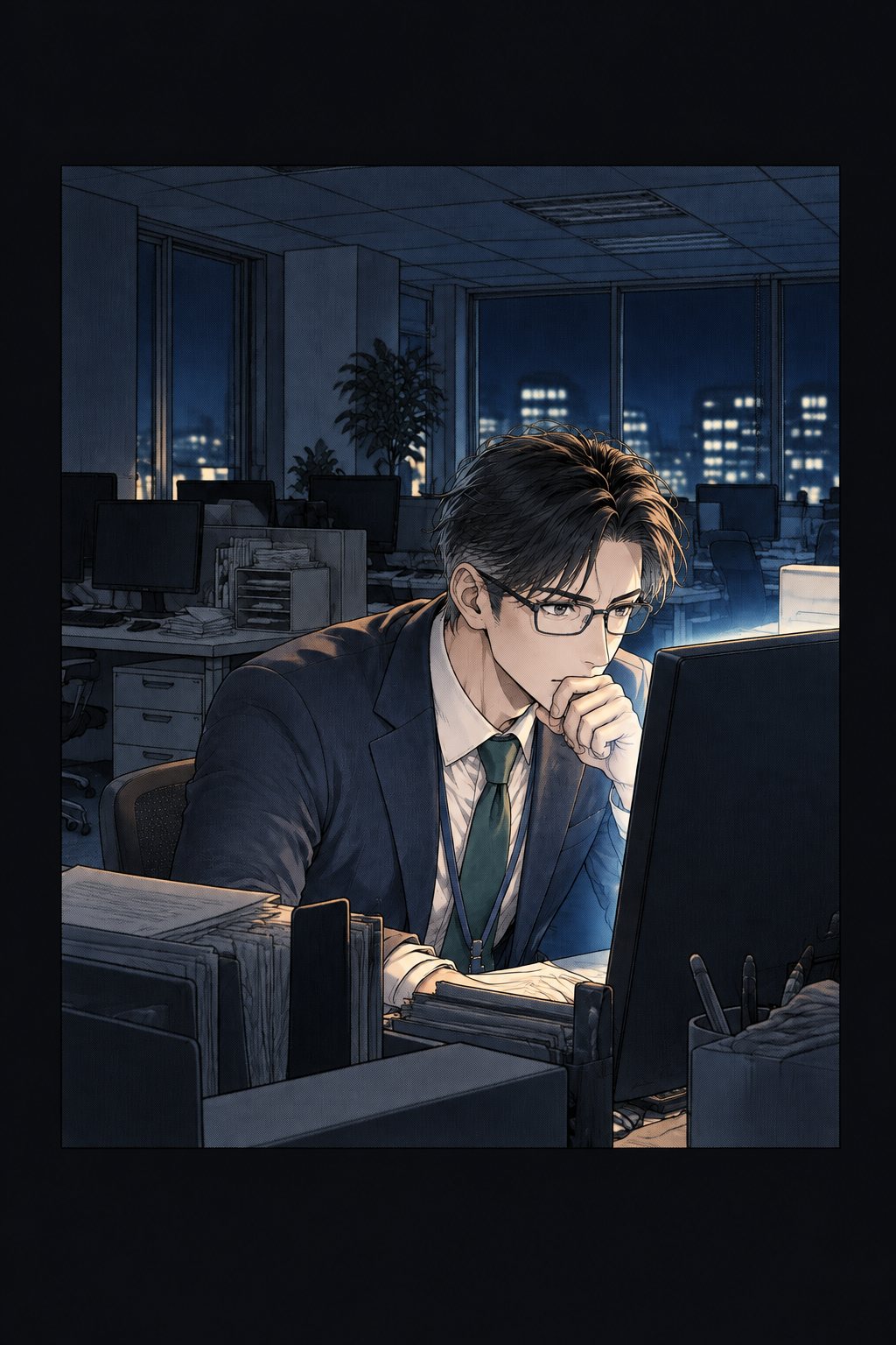 夜。誰もいない人事部の部屋。眼鏡の男が一人、パソコンの画面の光の前に座っている。