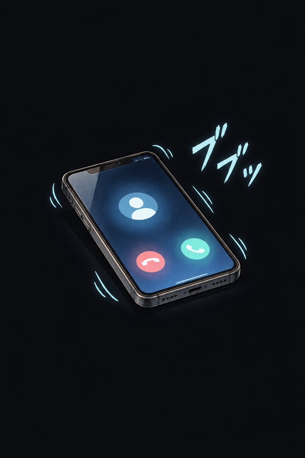 暗い机の上で、スマートフォンが震えて光っている。「ブブッ」の描き文字。