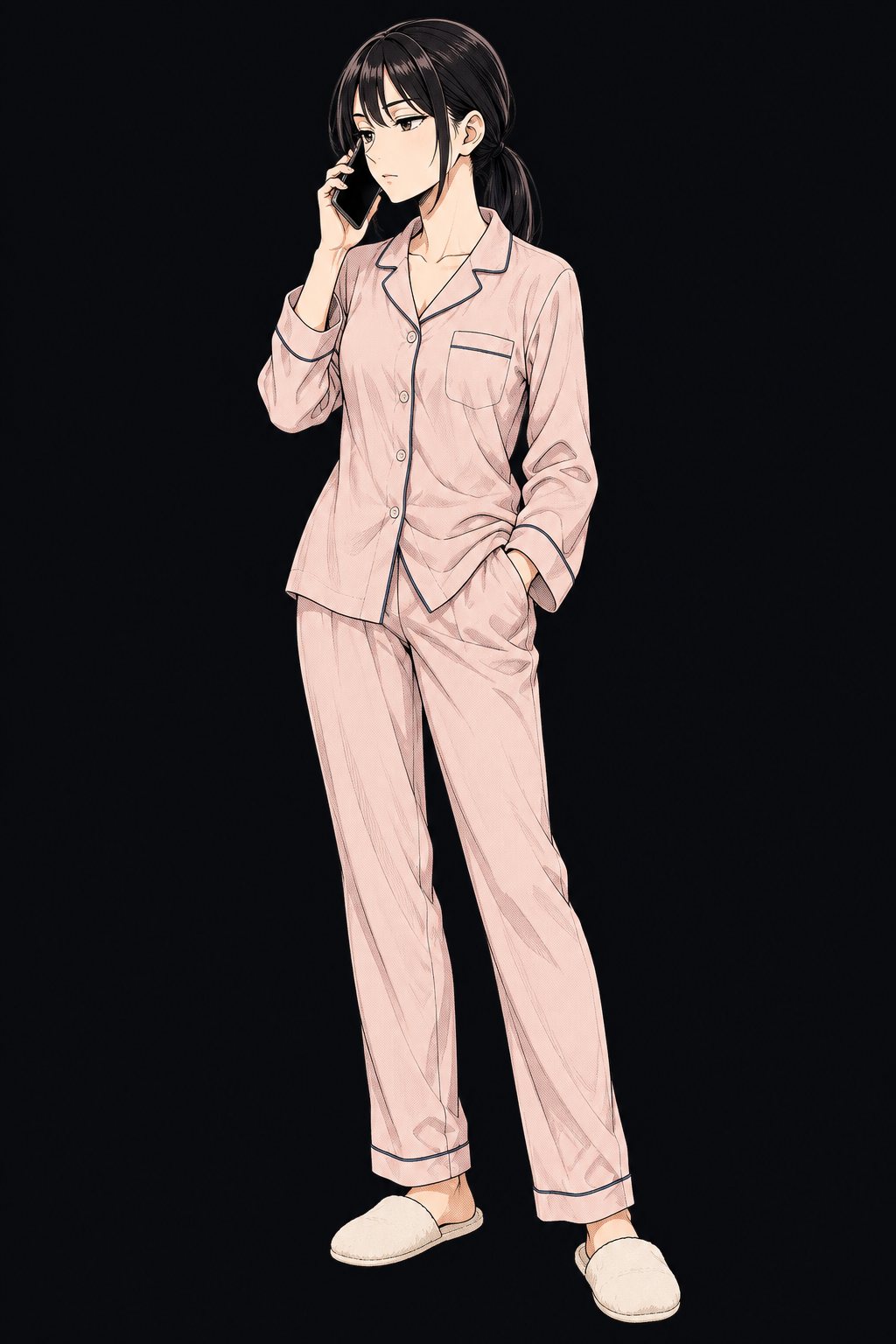 暗い部屋で、パジャマ姿の小柄な女子学生(ことはの体)が、スマートフォンを耳に当てている。表情は冷静な大人の男のよう。