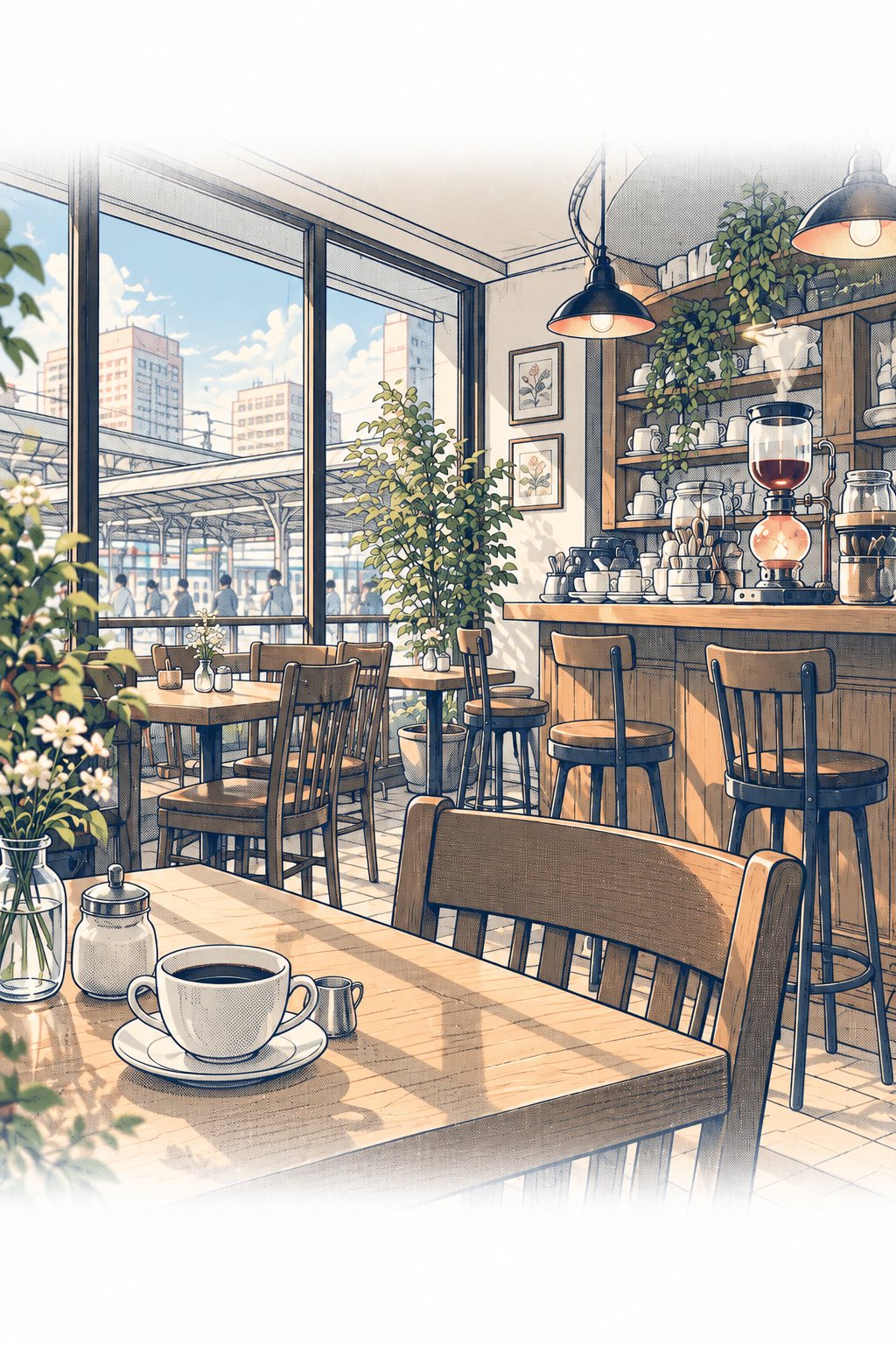 朝の駅前の小さな喫茶店。大きな窓ぎわの席に光が差している。