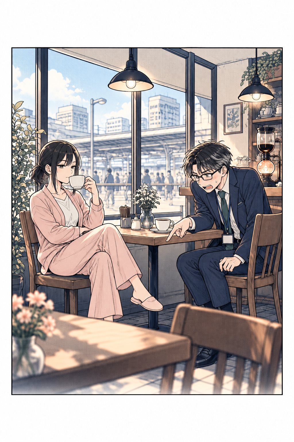 窓ぎわの席。小柄な女子学生が足を組み、落ち着いてブラックコーヒーを飲んでいる。向かいでは背の高い眼鏡の男が、そわそわと身を縮めている。