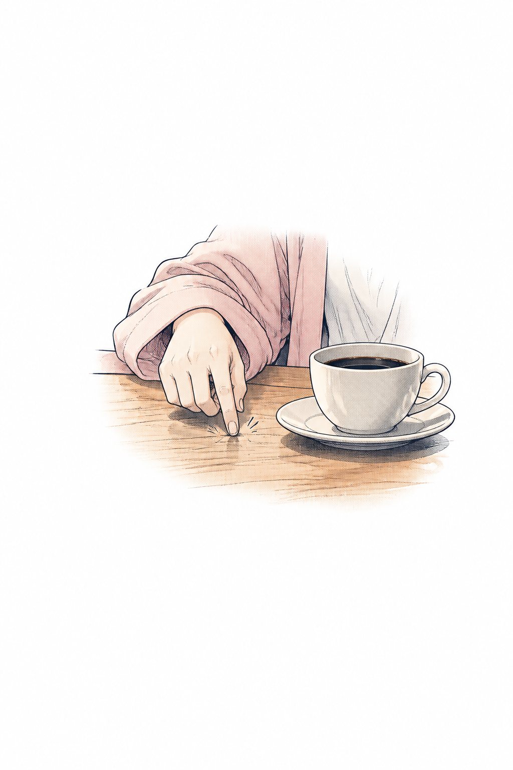 テーブルの上。コーヒーカップの横を、女子学生の小さな指先が、とん、と叩く。