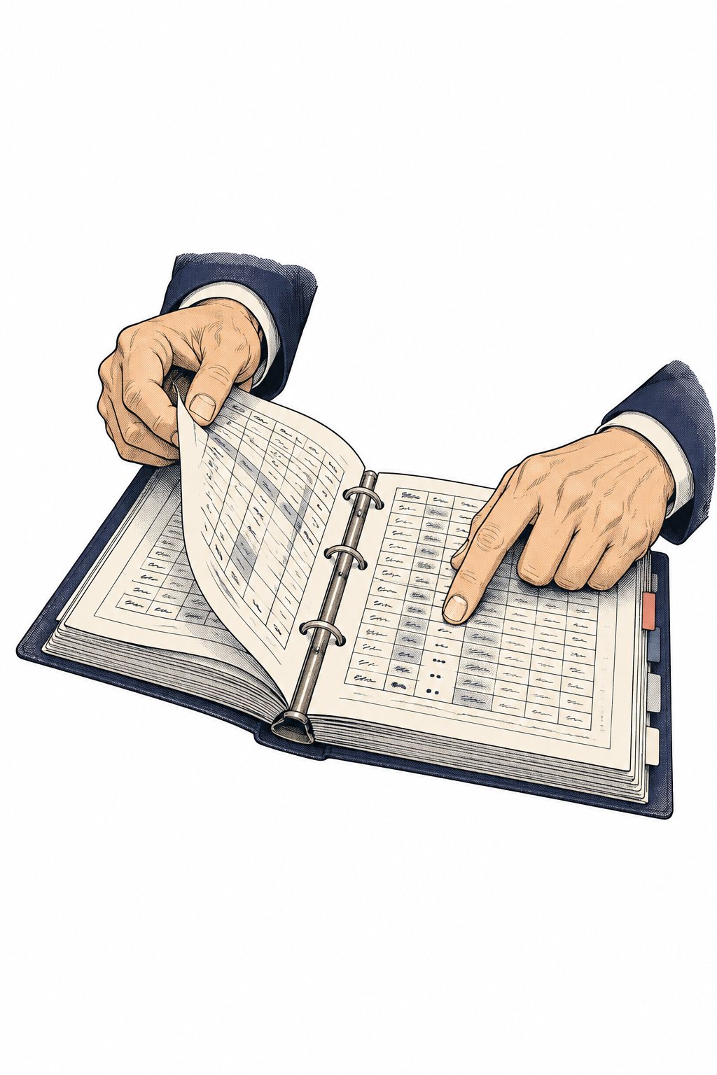 男の大きな手が、表の並んだ紙をめくっている(文字は読めない)。