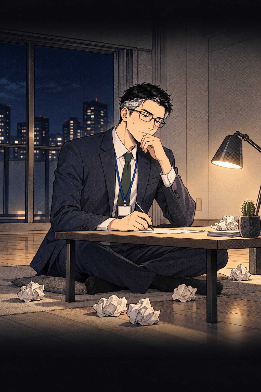 夜。物の少ない整った部屋。低い机の前で、背の高い眼鏡の男がペンを持ったまま固まっている。床に丸めた紙がいくつも。