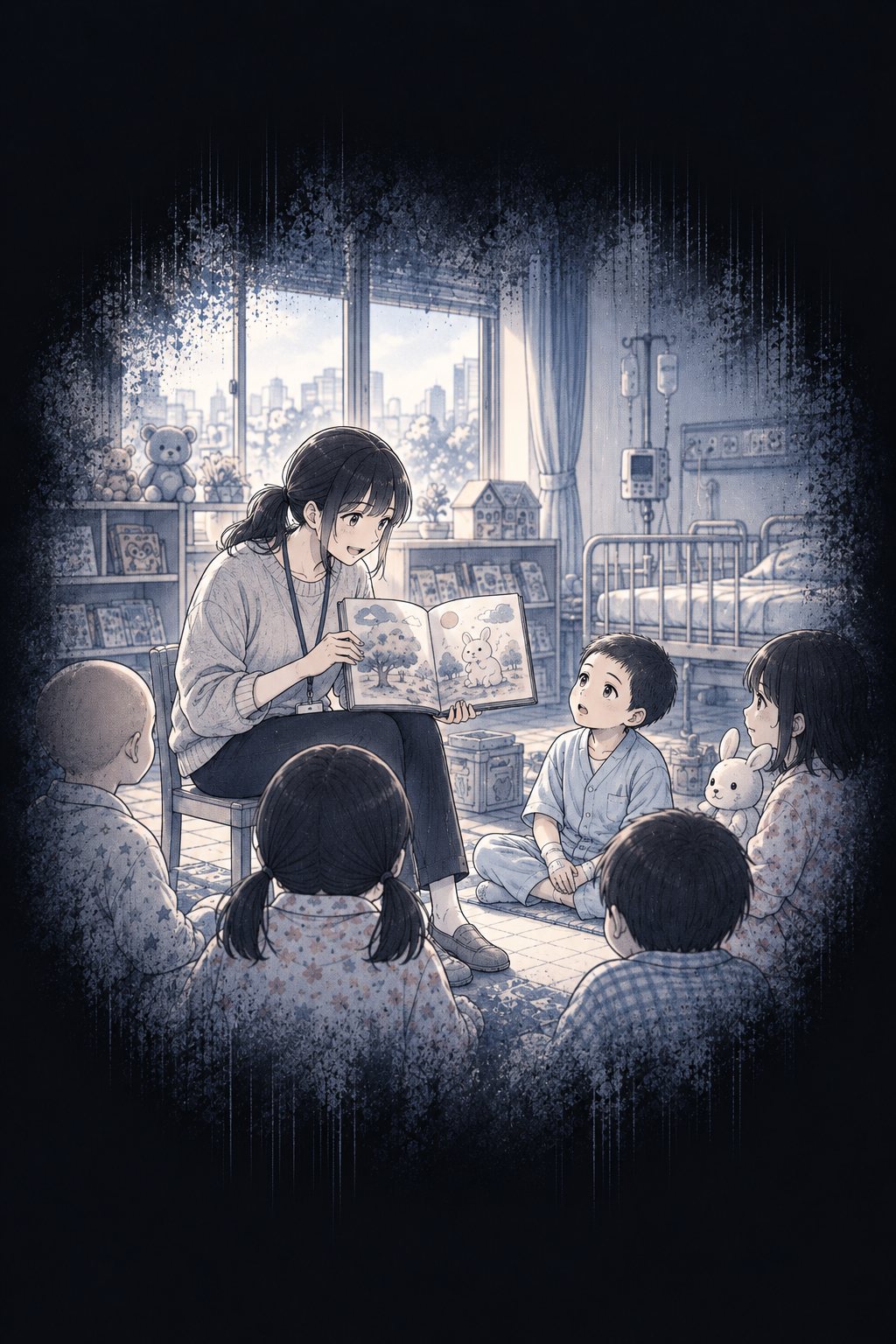 回想。病院の小児病棟の遊び部屋。パジャマ姿の子どもたちの前で、ことはが絵本を開いて読んでいる。