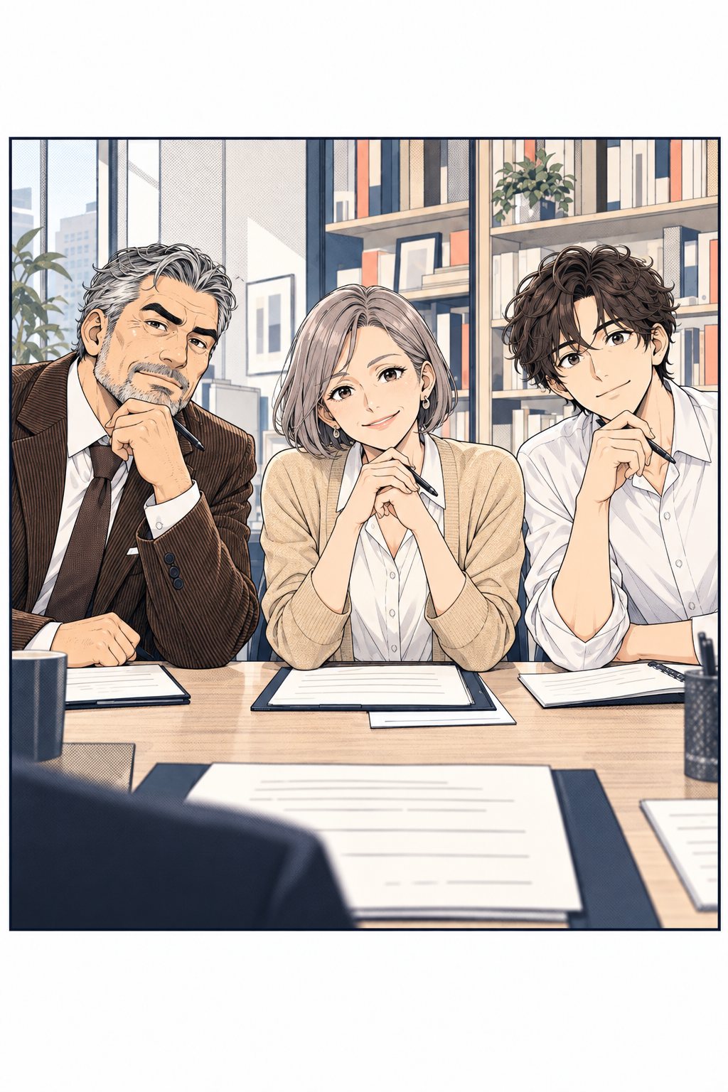 机の向こうの三人の面接官が身を乗り出し、一人がほほえんでうなずいている。