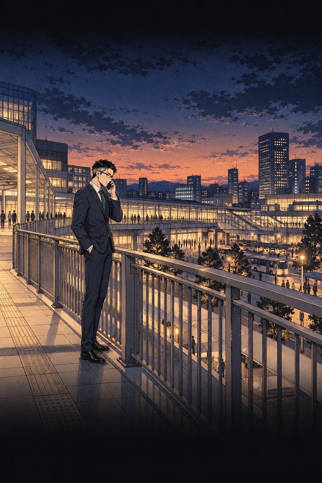 夕暮れの駅の歩道橋。スーツの背の高い眼鏡の男が、スマートフォンを耳に当てて立っている。