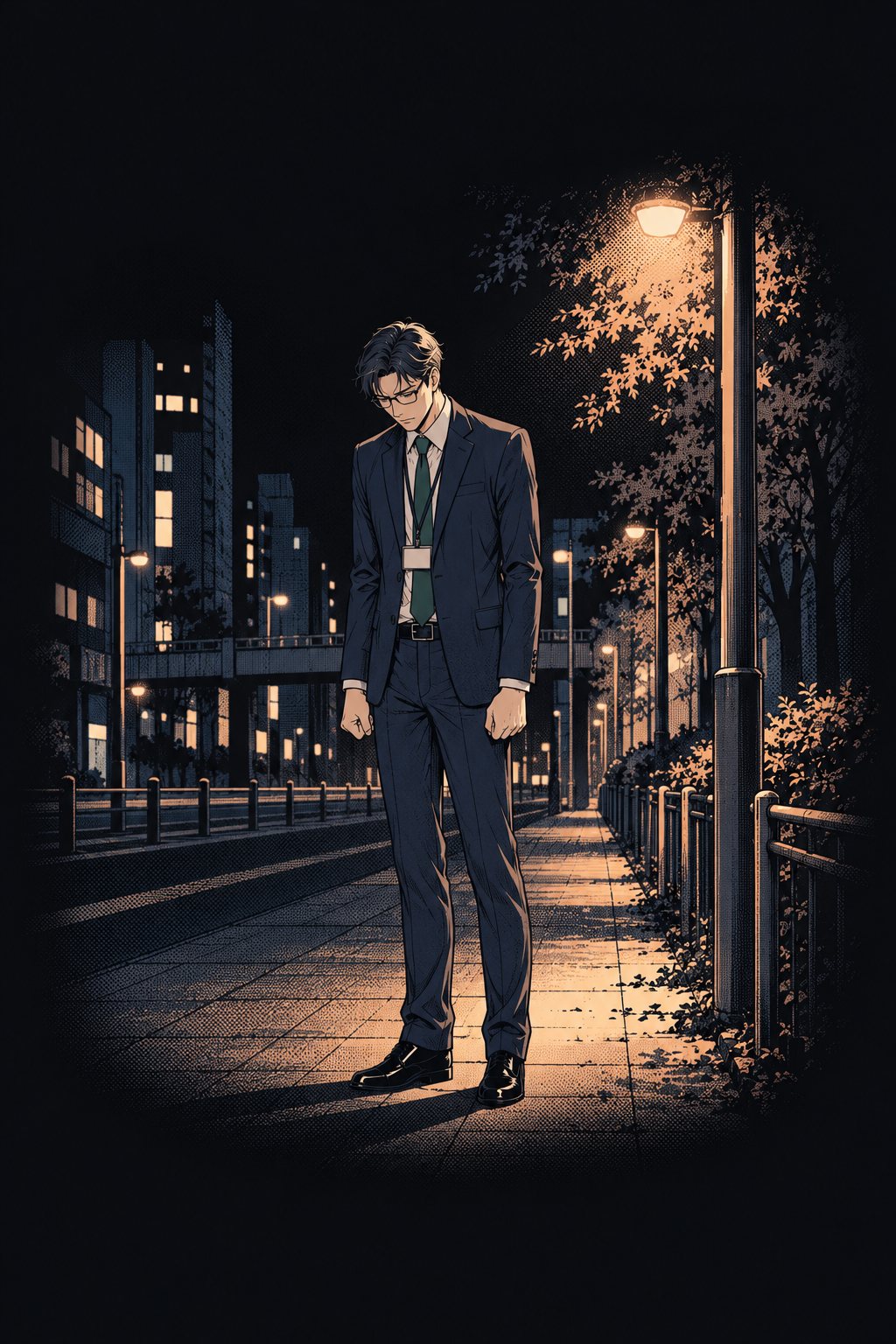 夜の街灯の下、スーツの男が一人、こぶしを握って立ち尽くしている。