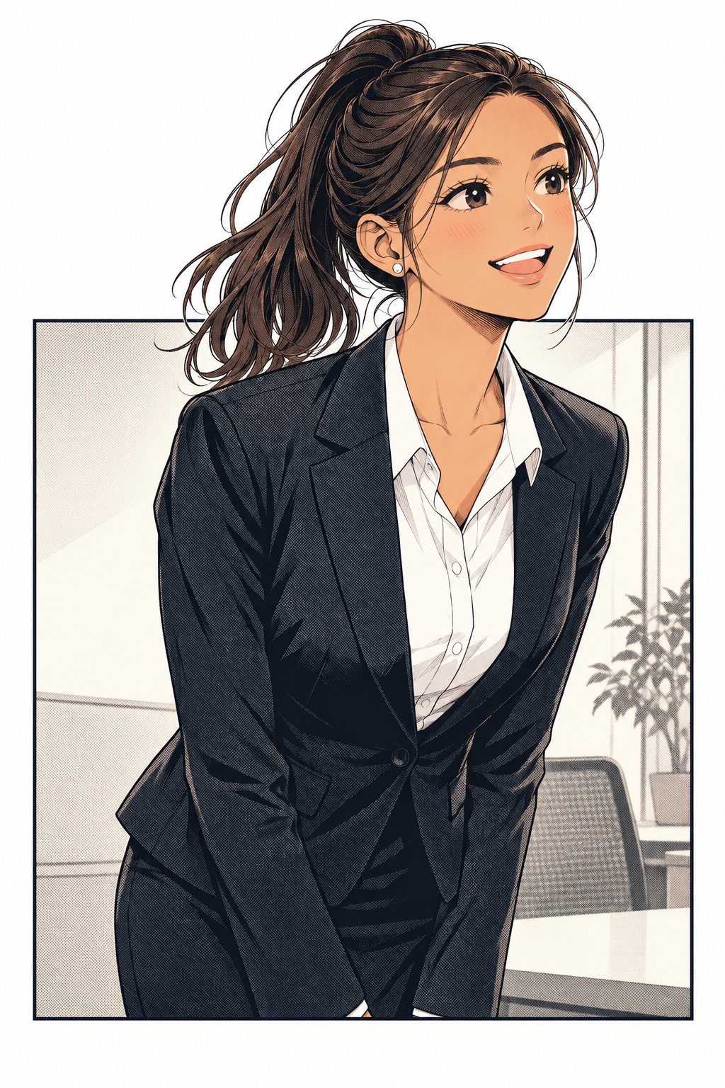 ポニーテールの快活な女子学生が、背筋を伸ばして一礼している。