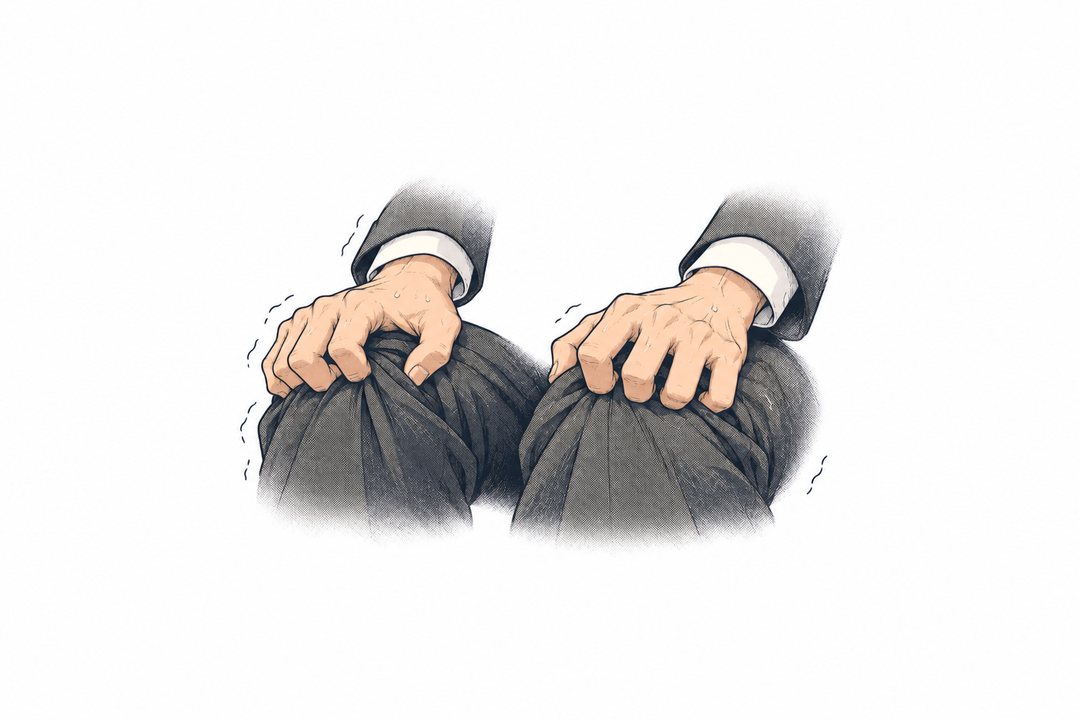 膝の上で固く握られた、震える両手。