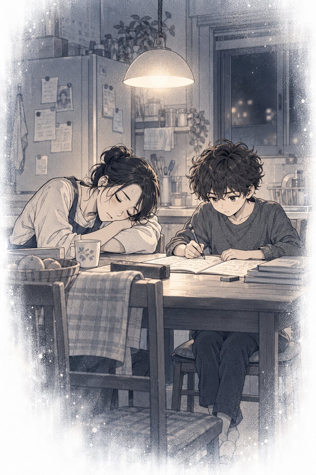 回想。夜の小さな台所のテーブルで、宿題をする子どもの樹の横で、仕事着のままの母がうたた寝をしている。