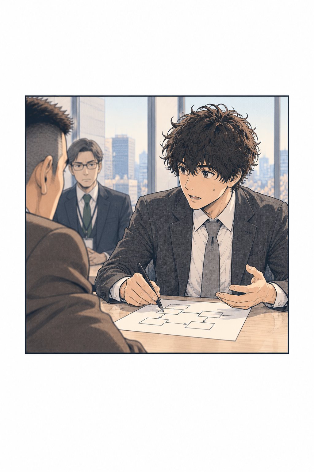 樹が紙にペンで簡単な図を描きながら、落ち着きを取り戻して説明している。