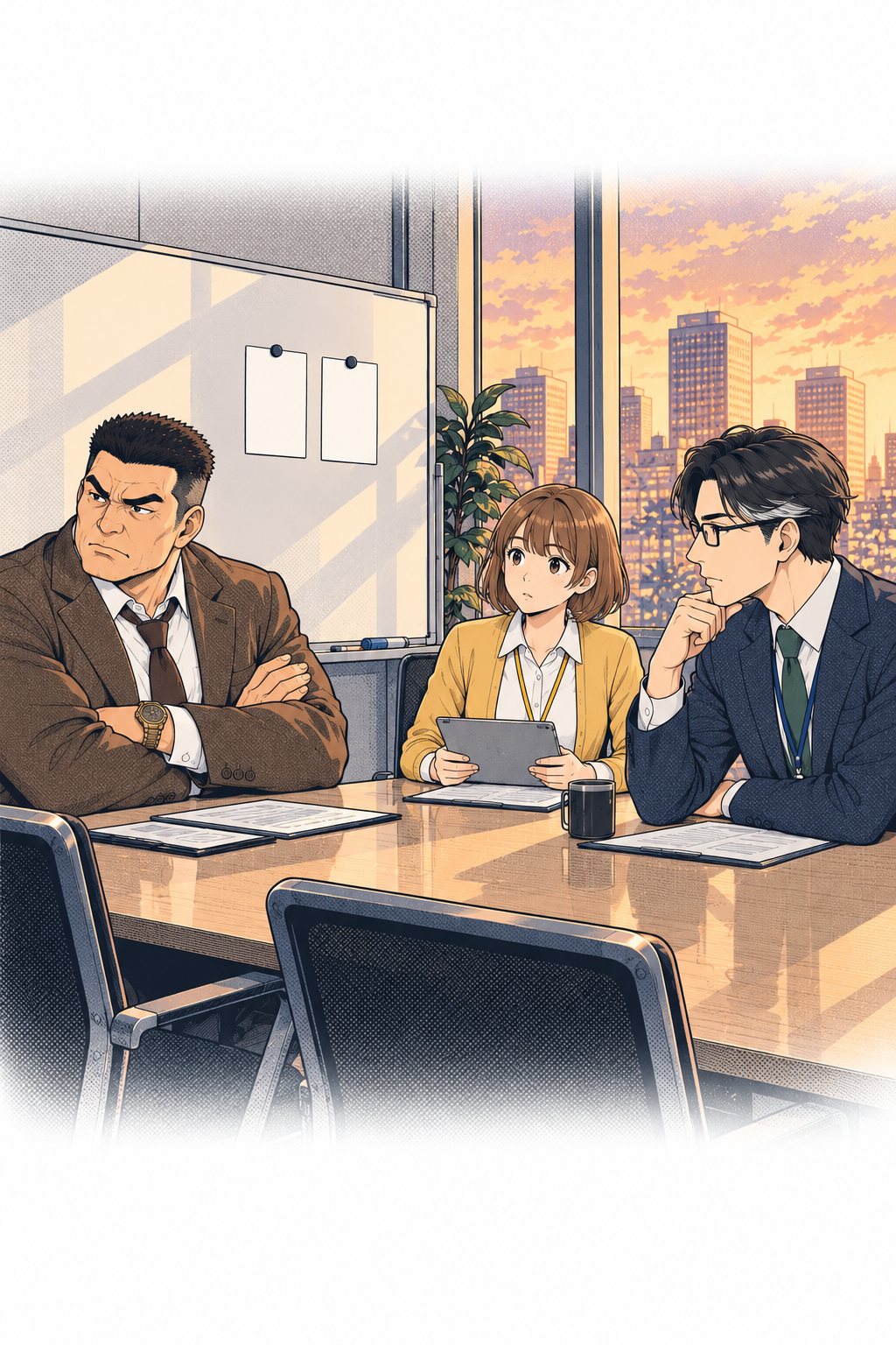 夕方の会議室。ホワイトボードに二枚の名前の札。岩城が腕を組み、ふてくされた顔で座っている。