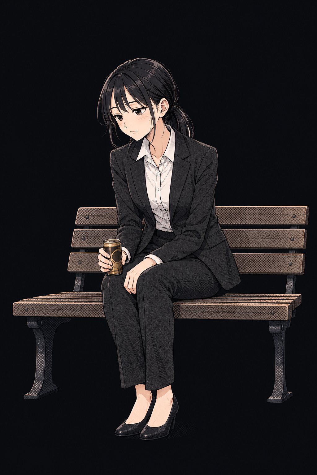 夜の公園のベンチ。リクルートスーツの小柄な女子学生(中身は九条)が、缶コーヒーを手に、疲れた顔で座っている。