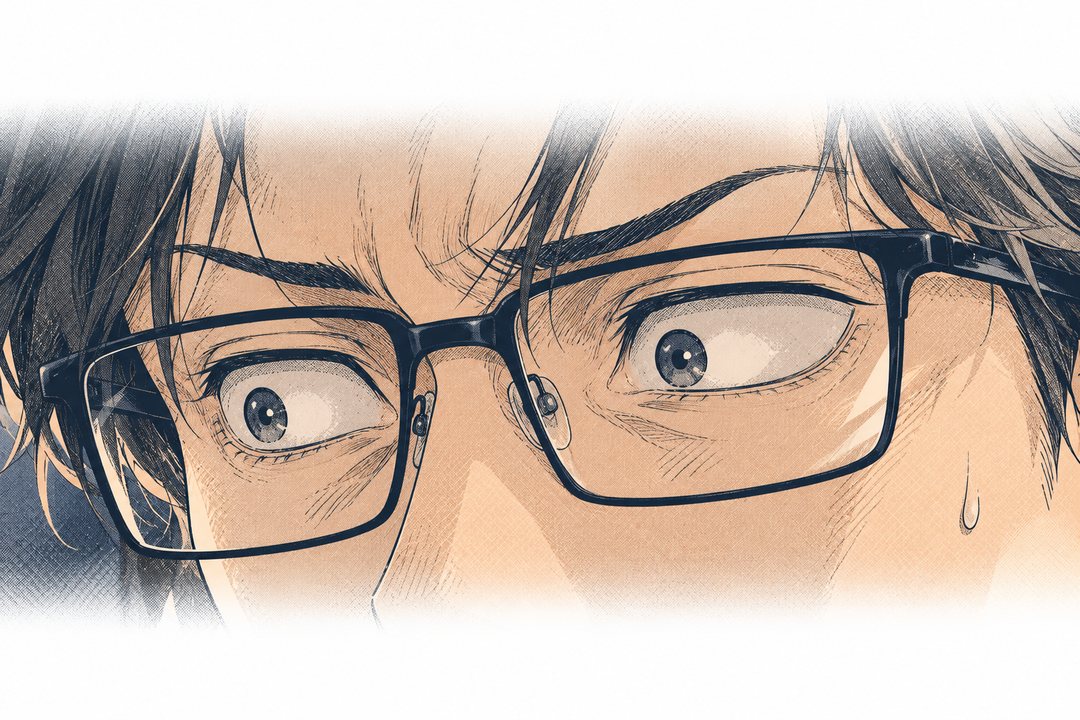 見開いた目だけの大写し。眼鏡の奥で瞳が揺れている。