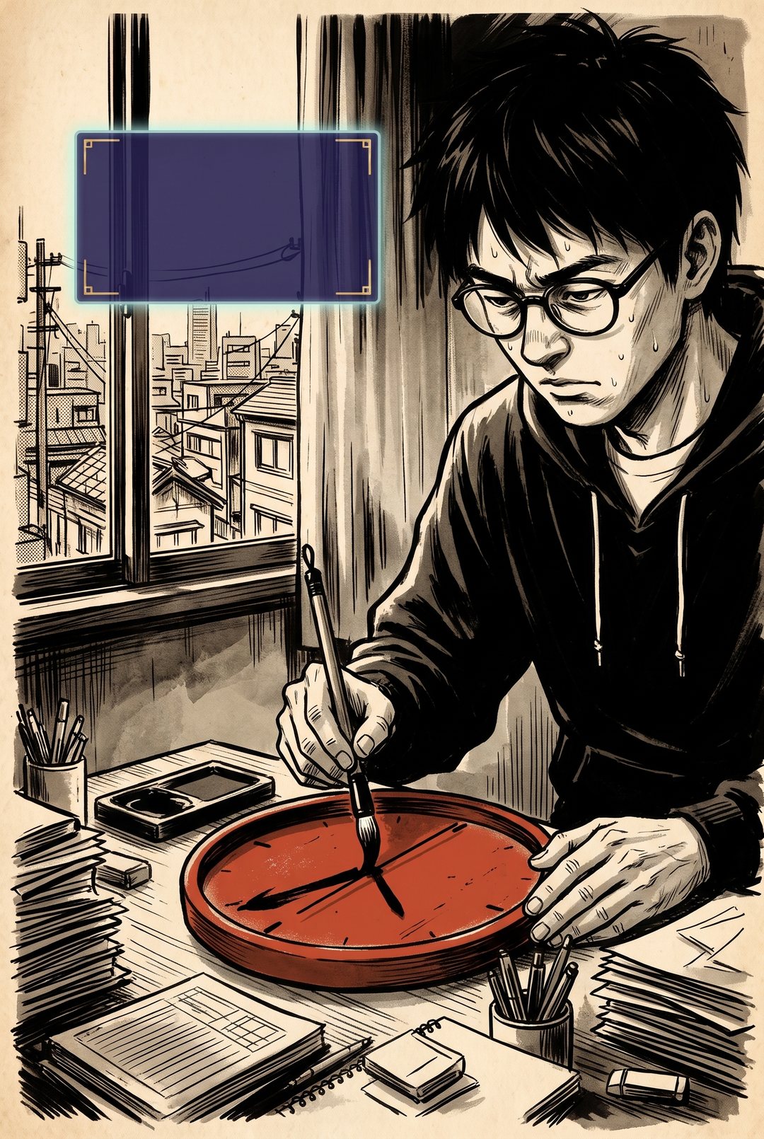 机に積み上がる確認待ちの紙。僕が朱の時計に自分の確認の時間を書き込む。