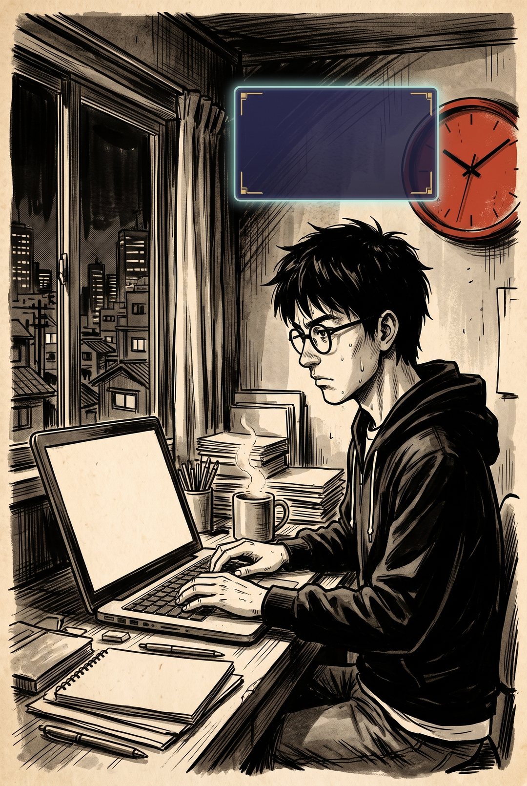 夜の机。ノート PC で文章を書く僕。頭の上に空の〈窓〉。