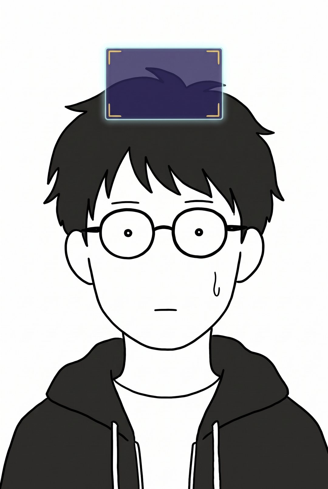 僕の無表情の顔の大写し。点の目。