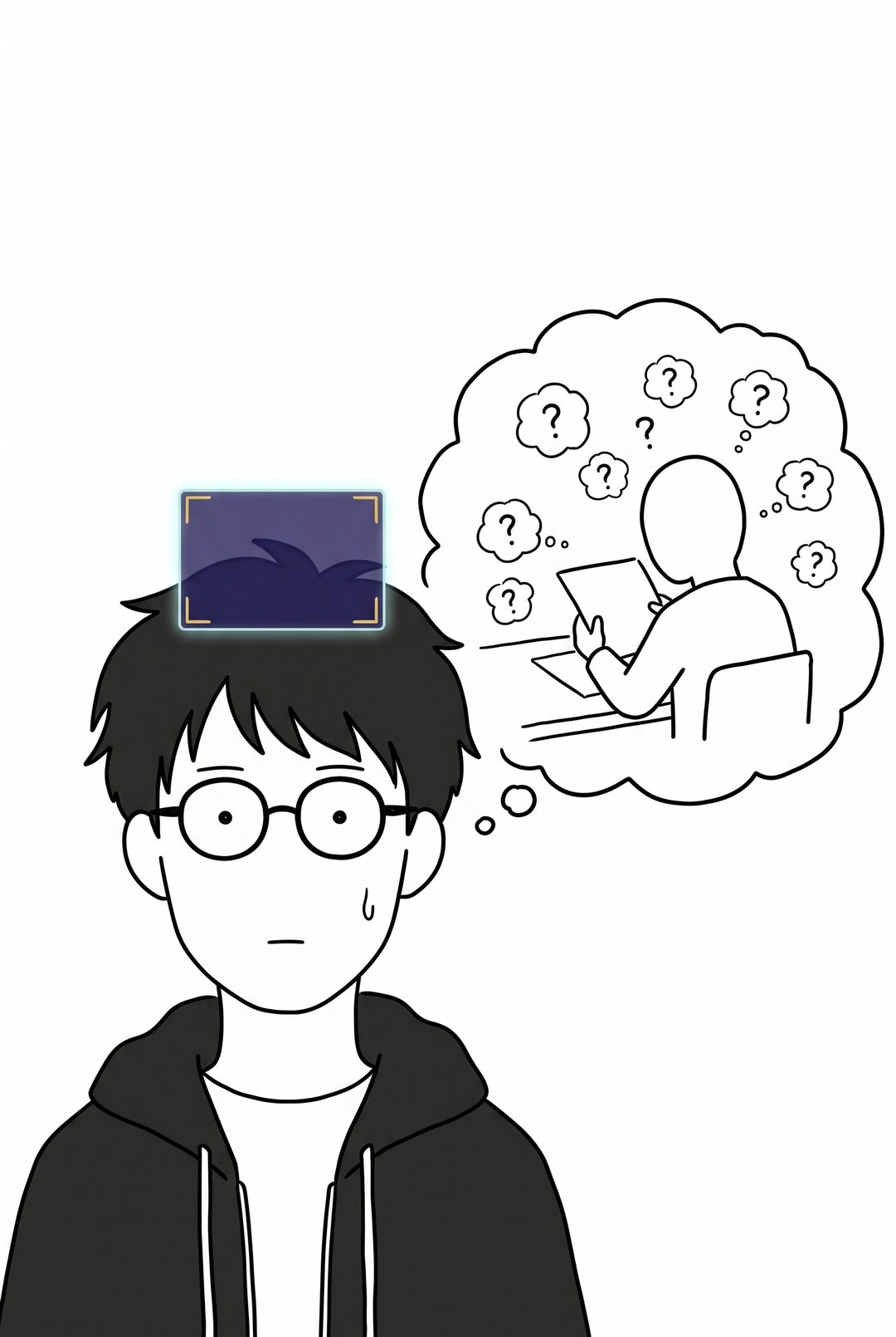 僕の頭の中の想像の雲。後ろ姿の受け取る人の頭の上に、小さな「?」の雲がいくつも浮かぶ。
