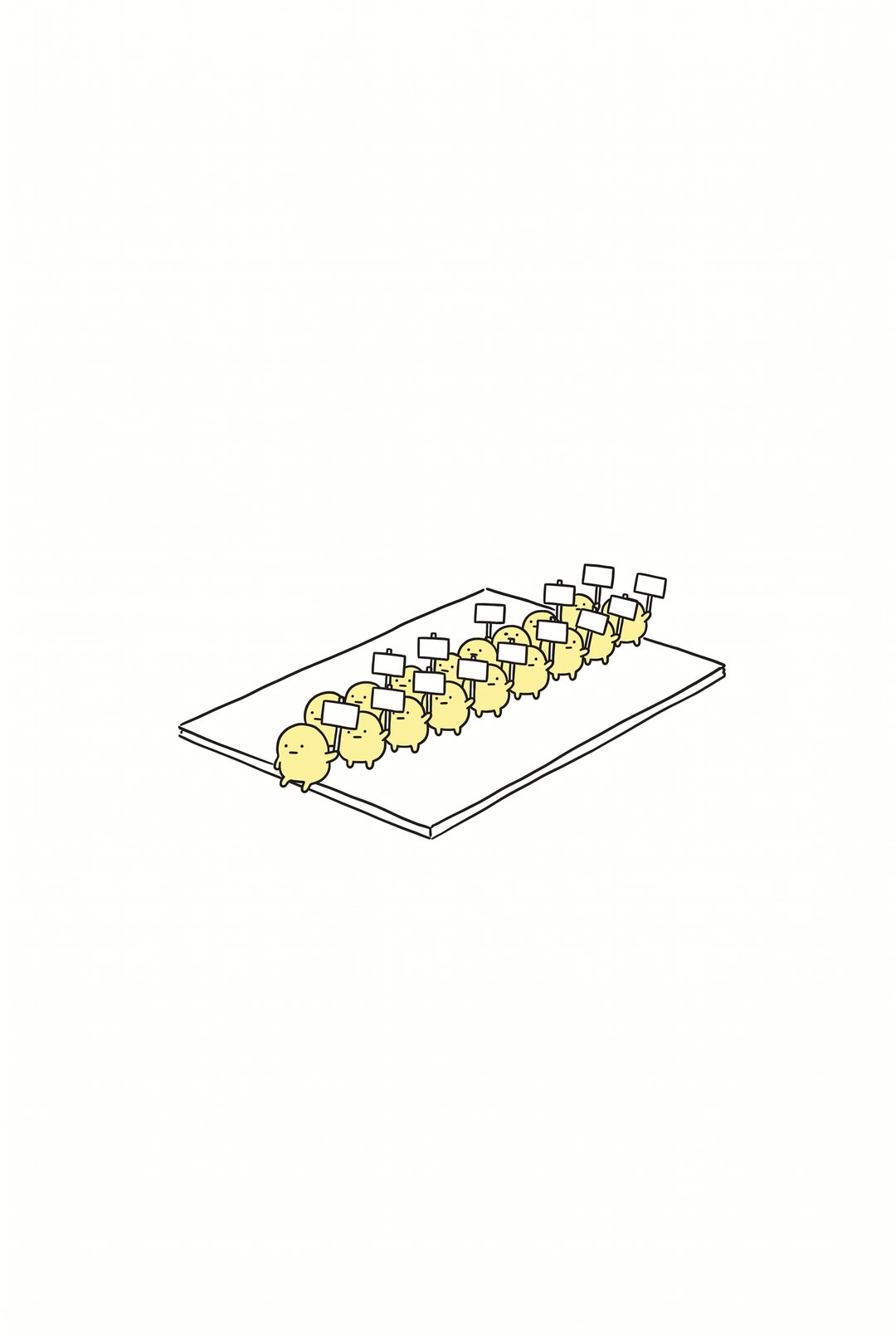 丸い生き物が増えて、ページの上に整列し、みんな胸を張っている。