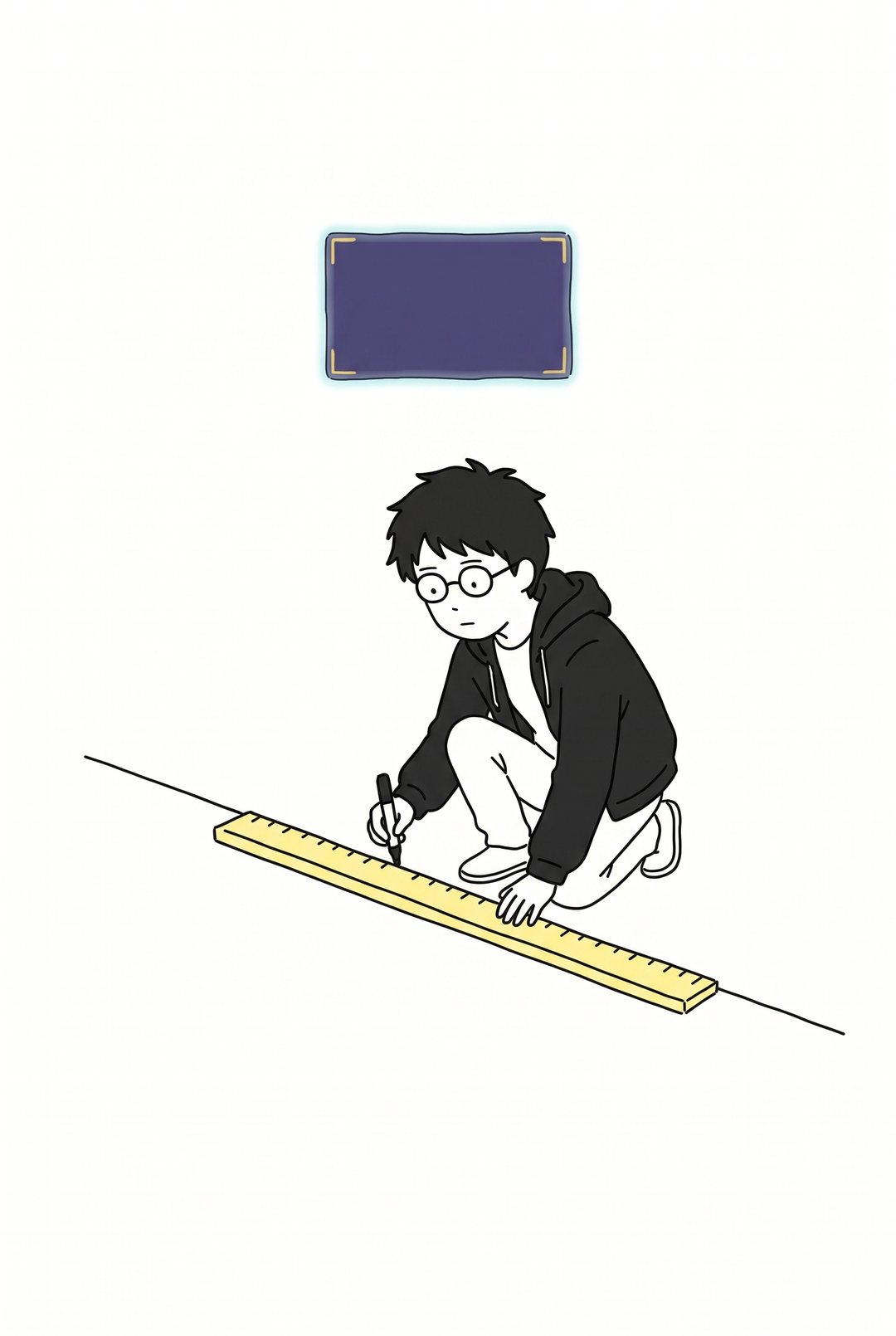 僕が長い定規を一本、床に置いて線を引く。