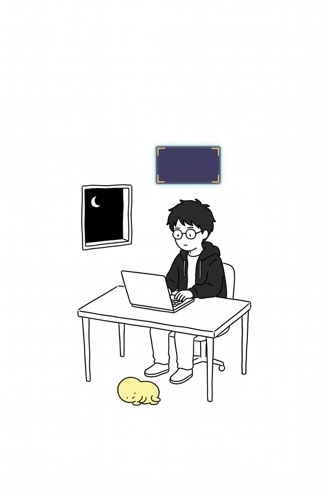 夜の机。ノート PC で文章を書く僕。頭の上に空の〈窓〉。足元で丸い生き物が一匹眠る。