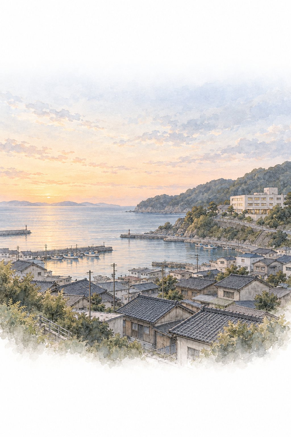 夜明けの海辺の小さな町。丘の上の病院と、淡い色の海。