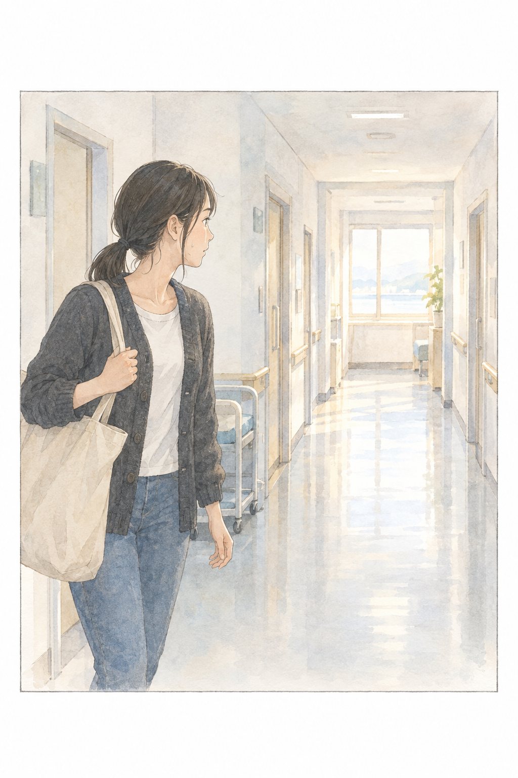 夜明けの病院の廊下。大きな鞄を肩にかけ、息を切らして立つ女性。