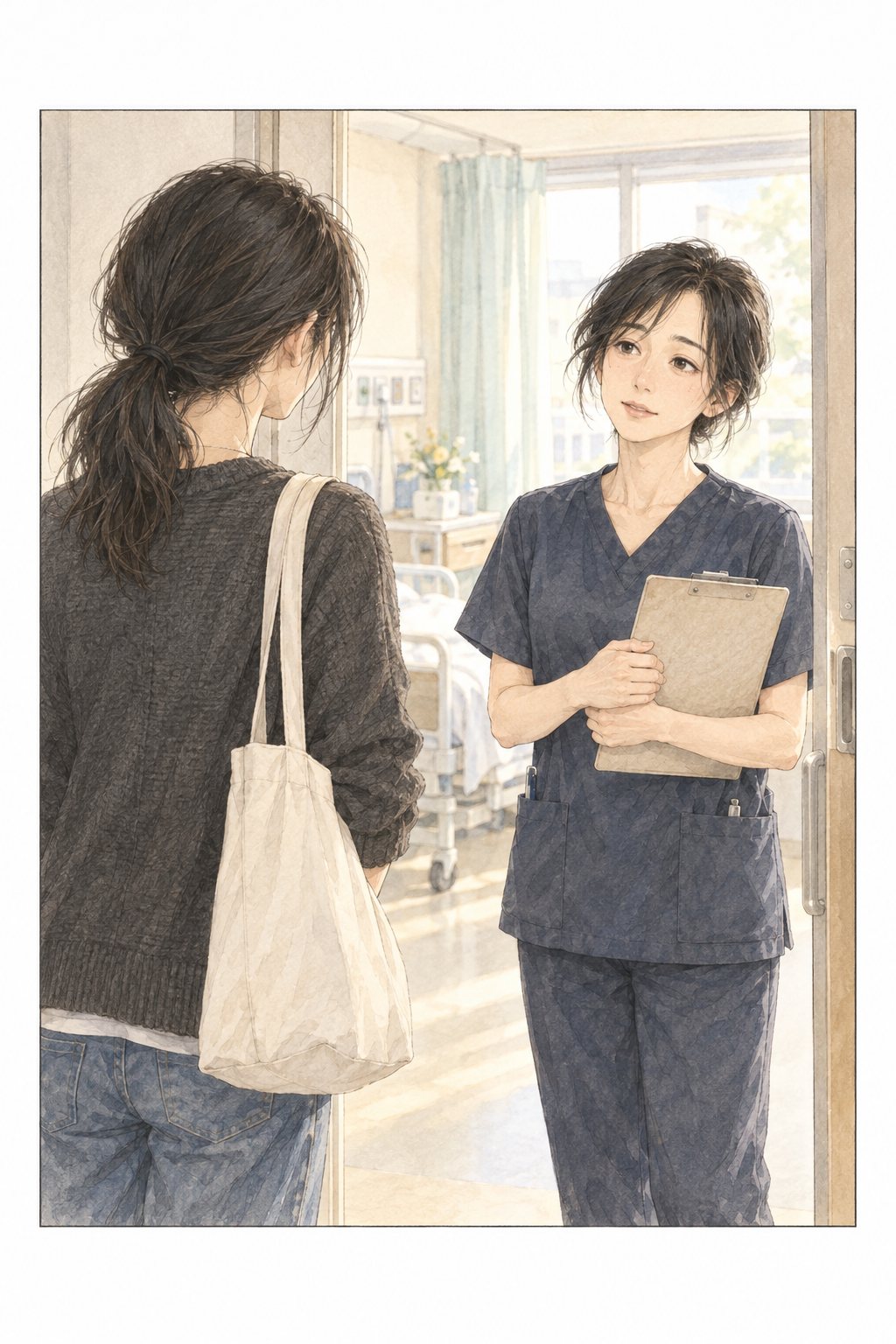 病室の入口で、看護師がクリップボードを持ち、静かに話しかけている。