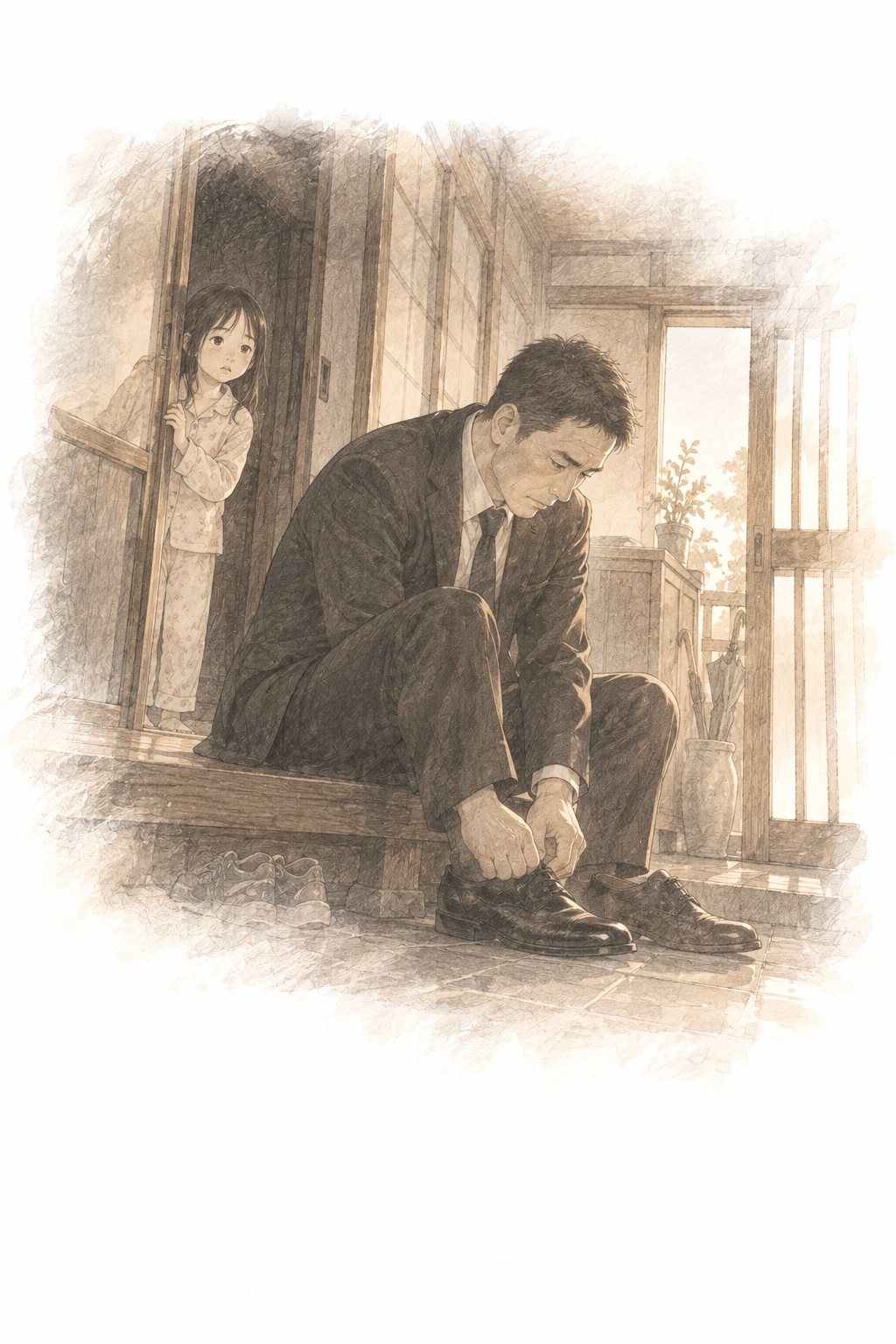 回想(鉛筆のセピア)。夜明けの玄関で、黒い礼服の父が靴を履く。廊下から、パジャマの少女が見ている。